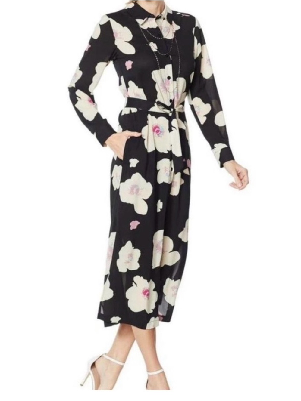G by Giuliana Black Floral Midi Shirt Dress
